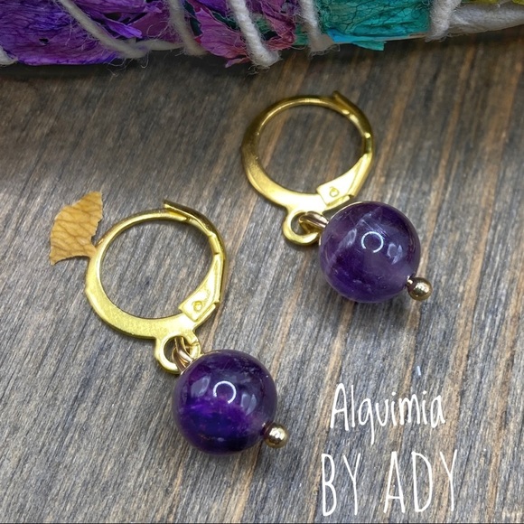 Amethyst spheres dangle gold earrings/ Capricorn healing crystals - Picture 1 of 4
